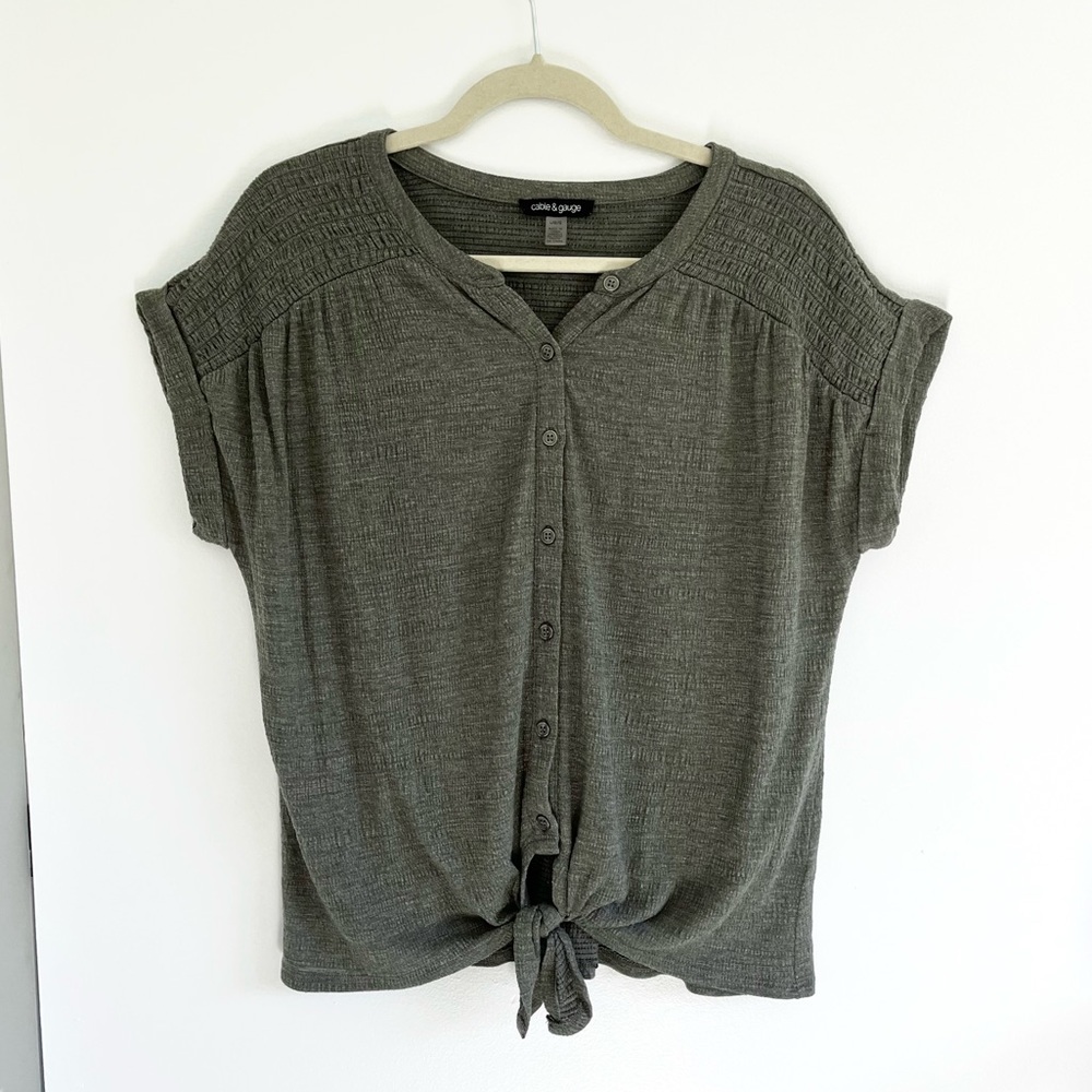 Cable & Gauge Muted Dark Olive Green Button-Down Short Sleeve Shirt Top Size L